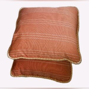 2 Custom Made Striped Terracotta & Beige Throw Pillows w Down Cushions 20"X20"